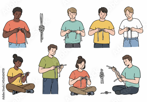 Diverse group of people learning and tying knots. Illustration of hands demonstrating different knot techniques and finished knots against a white background.