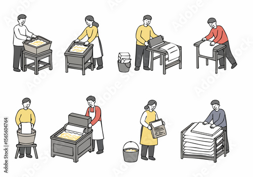 Traditional papermaking process illustrated step by step, showing people making paper by hand from pulp to finished sheets.