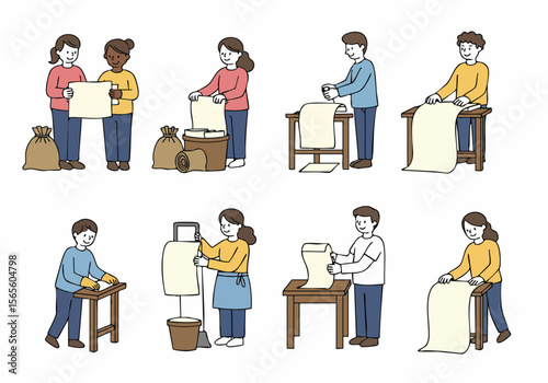 Illustrations depicting various people working with paper rolls, sheets, and bags, showing different stages of a process or activity.