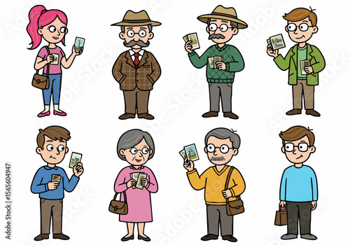Cartoon Characters Looking at Postcards and Photos: A Diverse Group of Tourists or Enthusiasts