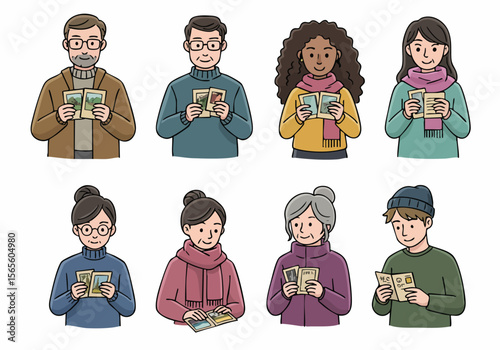 Diverse group illustration looking at photos, documents, and memories