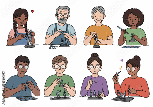 Diverse people of different ages enjoying a hands-on hobby of assembling and painting miniature figures together, focusing on creative crafts and model making.