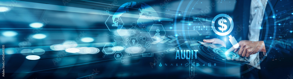 Naklejka premium Businessman using tablet analyzing audit reports, tracking financial discrepancies, ensuring compliance, and optimizing risk management. Audit findings drive strategic decisions for growth.