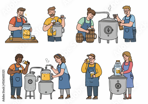 Set of Illustrations Depicting People Brewing, Pouring, and Enjoying Craft Beer Making Process in a Brewery