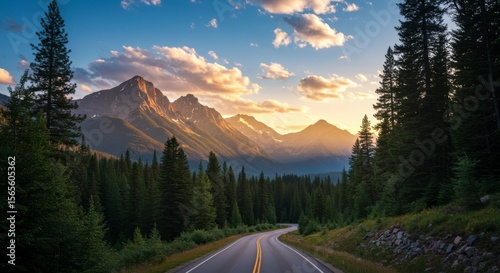 Mountain road at sunset. Lush forest borders a winding asphalt highway leading into a colorful mountain range at dusk