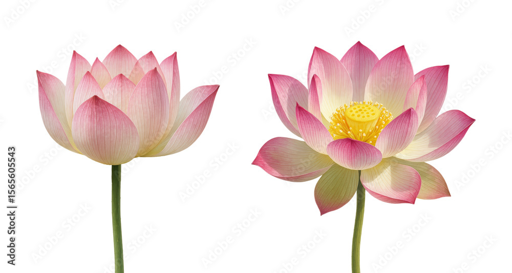 Obraz premium Beautiful Pink Lotus Flowers, Bud and Bloom, Isolated on Transparent and White Background