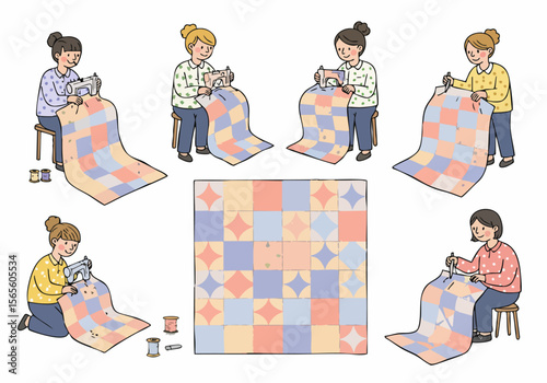 Women enjoying the craft of sewing and quilting colorful fabrics, creating a handmade blanket together