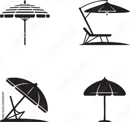 Beach umbrella silhouette set vector illustration isolated On Transparent Background