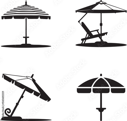 Beach umbrella silhouette set vector illustration isolated On Transparent Background