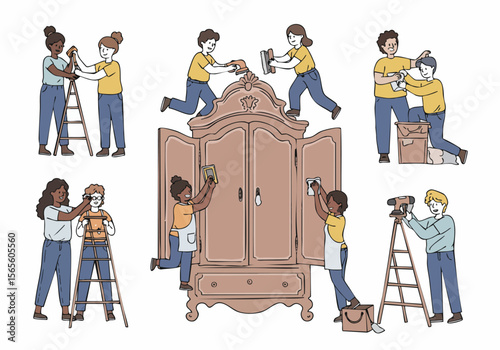 Group of Diverse People Working Together to Restore and Clean an Antique Wooden Wardrobe