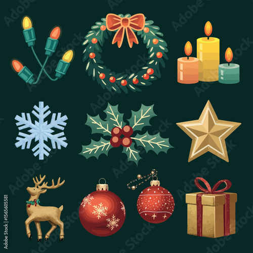 vector Happy New Year Celebrating 2025 in Latin letters , Christmas Decoration Items Santa Claus
