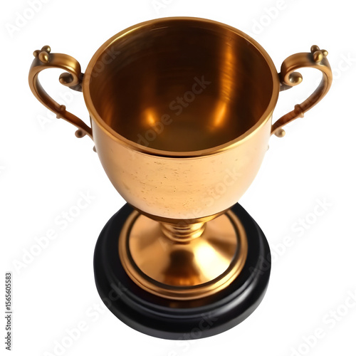 Photorealistic 4K transparent PNG image of a shiny golden trophy cup with handles and black base. Isolated with no background. Great for awards and sports use.

