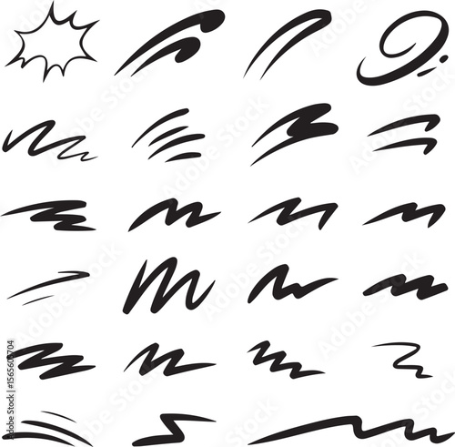Comic line sparkle and movement elements set. black ink motion accents, burst effects, and dynamic hand drawn stroke symbols perfect for manga, cartoon, or pop art vector illustration projects.