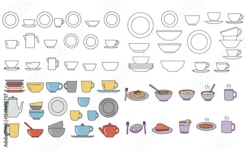 A delightful collection of dinnerware pieces offers versatile design possibilities for menu layouts and culinary themed projects with plates, bowls, and cups.