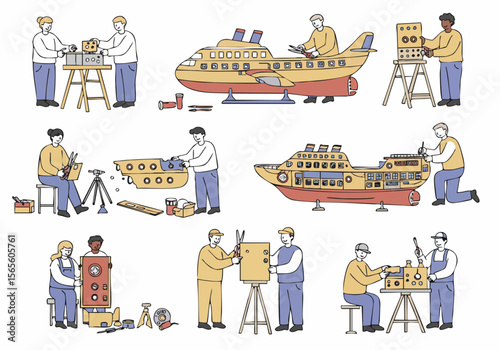 People building models of vehicles and devices: a team working on airplanes, boats, and electronic kits, illustrating creativity, craftsmanship, and collaboration.