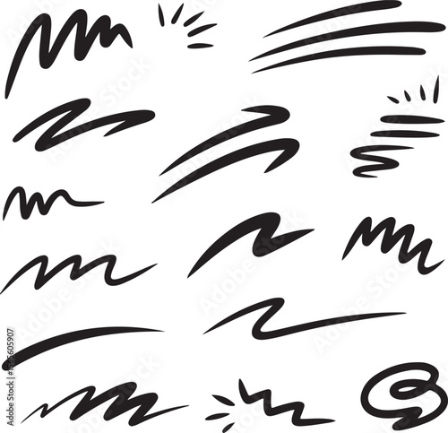 Comic line sparkle and movement elements set. black ink motion accents, burst effects, and dynamic hand drawn stroke symbols perfect for manga, cartoon, or pop art vector illustration projects.