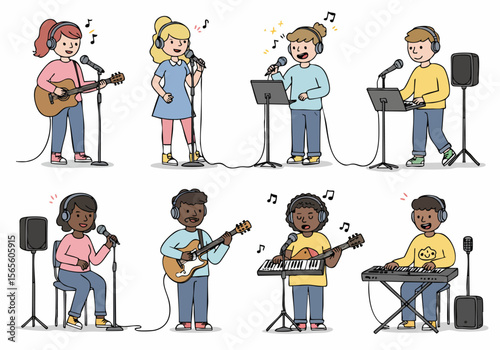 Illustration of diverse children and teenagers playing musical instruments and singing together in a vibrant music session.