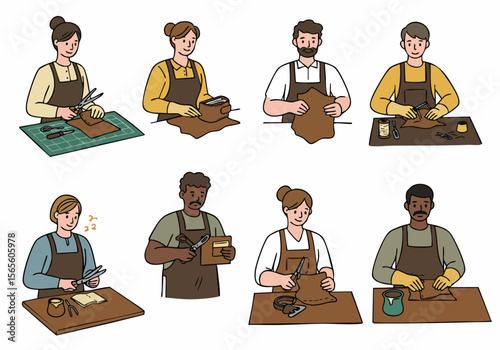Illustrations of diverse people making leather goods by hand in a workshop setting, showing various steps of the crafting process.