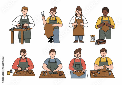 A collection of illustrations showing diverse people engaged in the process of leather crafting, using various tools and materials to create handmade leather goods.