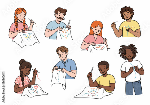 Diverse group of people practicing hand embroidery and sewing, creating colorful textile art as a relaxing and creative hobby.