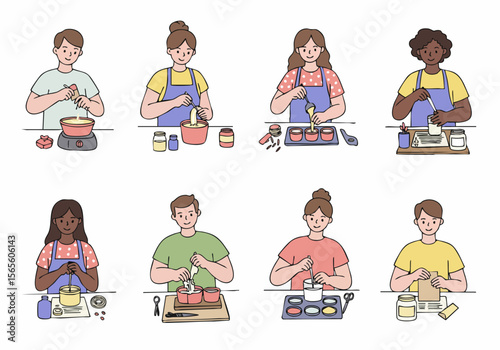 Illustration of diverse people making handmade soap, candles, or cosmetics. Showing steps like melting, mixing, pouring, and crafting natural products at home. Creative DIY concept.
