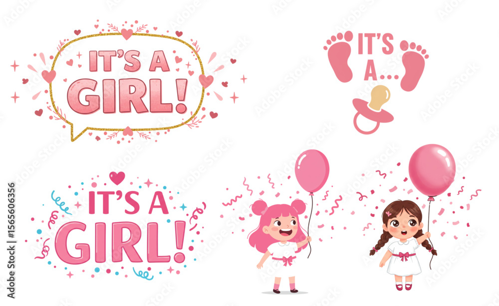 Fototapeta premium Celebrate a new baby girl with this adorable and charming pink themed party designs, perfect for baby shower invitations and decorations.