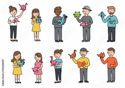 Diverse group of people of different ages and ethnicities enjoying the art of origami, holding paper creations.