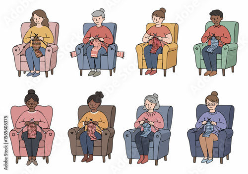Diverse group of people of various ages and ethnicities knitting in comfortable armchairs, enjoying a relaxing hobby together.