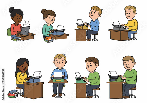 Cartoon illustration depicting various people, men and women, of diverse backgrounds, engaged in writing tasks using typewriters and laptops, showing different emotions related to work and technology.