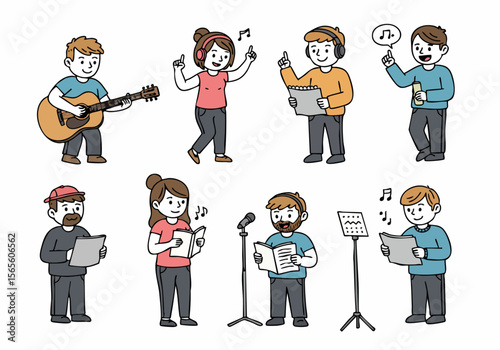 Cartoon people engaged in various music activities, including playing guitar, singing, dancing, and reading sheet music, depicting a group practicing or performing music.