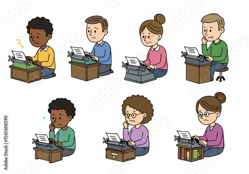 Diverse people look stressed and frustrated while trying to use vintage typewriters, struggling with the old technology and typing challenges.