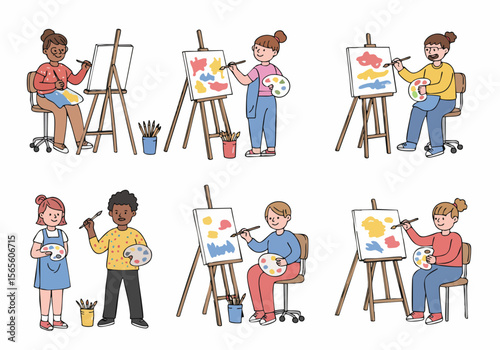 Diverse young people painting and drawing on canvases with brushes and palettes in an art class setting.