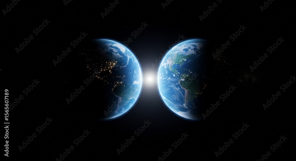 Fototapeta premium Two Earths Colliding in Space with Bright Light and City Lights
