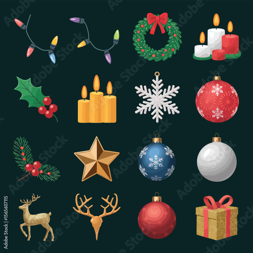 vector Happy New Year Celebrating 2025 in Latin letters , Christmas Decoration Items Santa Claus
