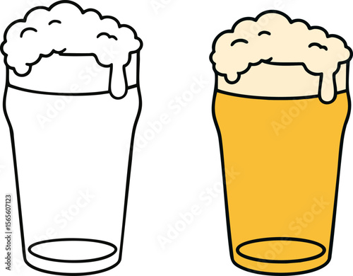 Flat Vector Beer Glass Illustration: Coloring Book Outline and Colored Version