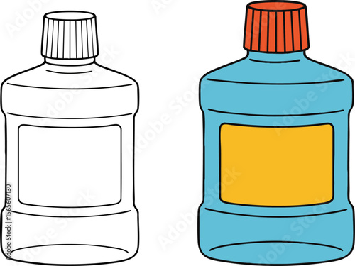 Flat Vector Mouthwash Bottle Illustration for Coloring Books (Outlined and Colored Versions)