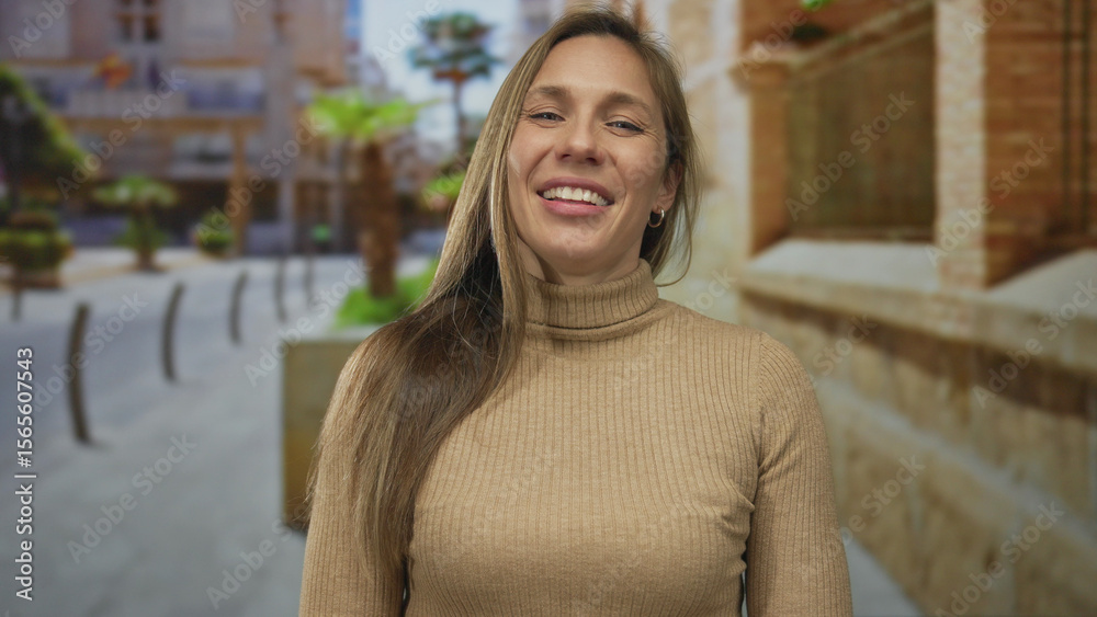 Fototapeta premium Young woman smiling outdoors on city street wearing a brown sweater with blurred urban background