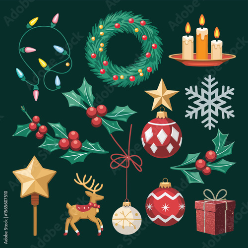 vector Happy New Year Celebrating 2025 in Latin letters , Christmas Decoration Items Santa Claus
