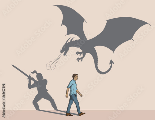 A man on a walk imagines his shadow in the form of a knight fighting a dragon