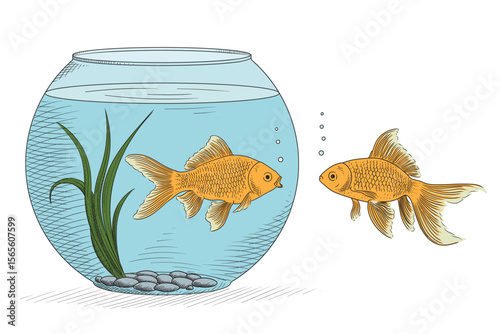 Two fish are communicating with each other. One fish is in the aquarium and the other is outside.
