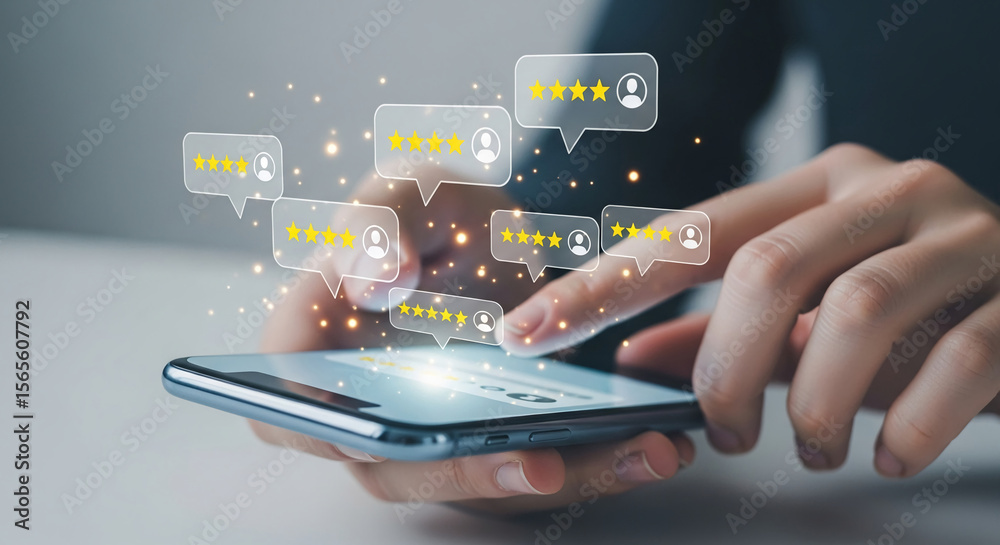 Fototapeta premium Hands hold smartphone displaying five-star reviews, symbolizing positive customer feedback and online reputation management