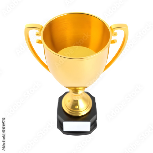 High-quality 4K transparent PNG image of a shiny golden trophy cup with handles and black base. Top-down view. Isolated with no background.

