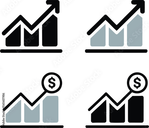 Set of four financial growth charts with upward trending arrows and dollar signs