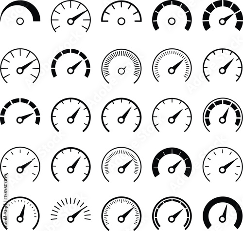 Collection of various black and white speedometers and gauges 