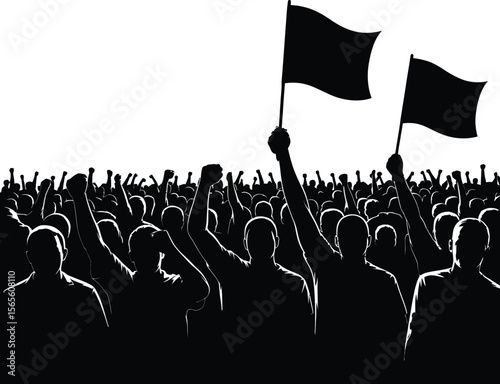 Crowd of people with raised fists and black flags protesting or demonstrating