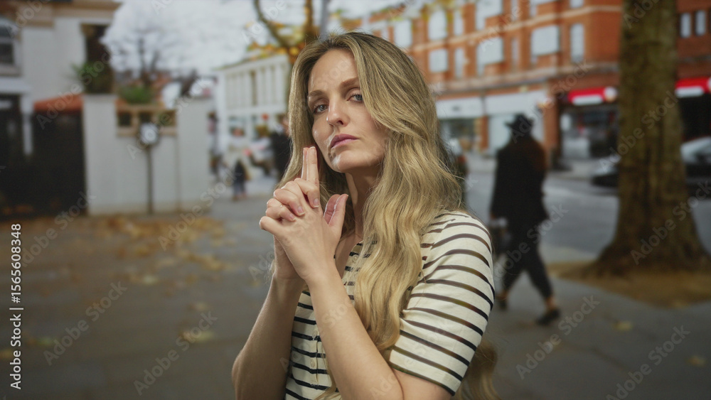 Fototapeta premium Woman holds up hand in a gesture on a busy street where young blonde figure appears outdoors in an urban setting with a confident portrait look.