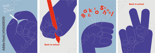 Back to school. Minimalist hand gestures in vibrant colors holding school tools and cards with creative "Back to school" text in bold flat vector layout.