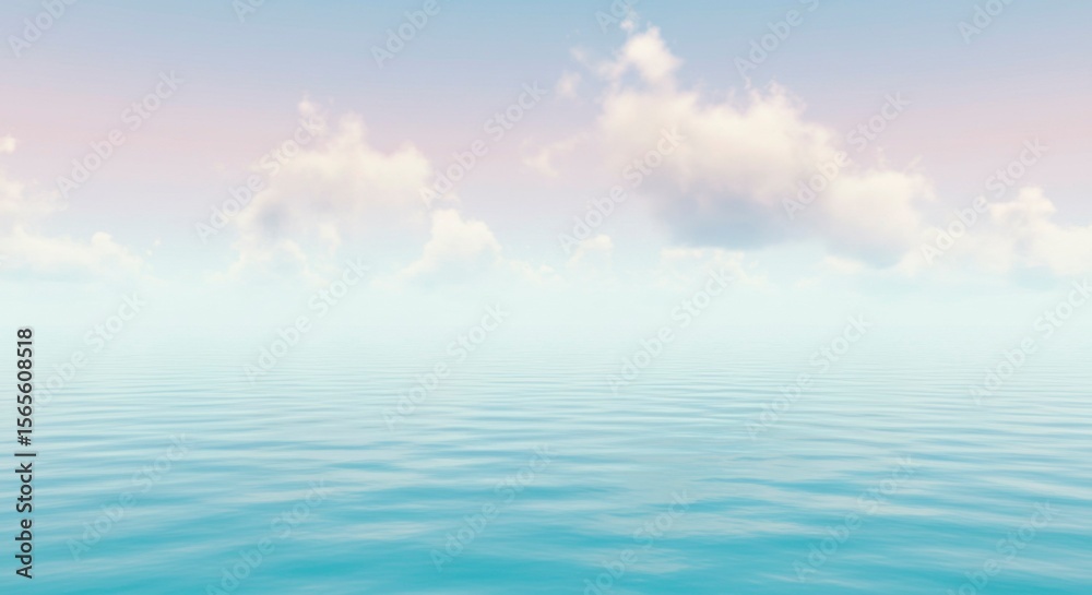 Obraz premium Serene seascape depicts a calm ocean under a pastel sky filled with fluffy clouds. Tranquil scene evoking peace