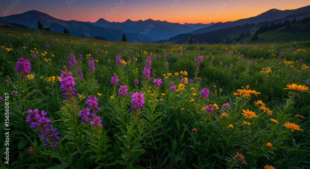 Fototapeta premium Mountain meadow wildflowers at dawn