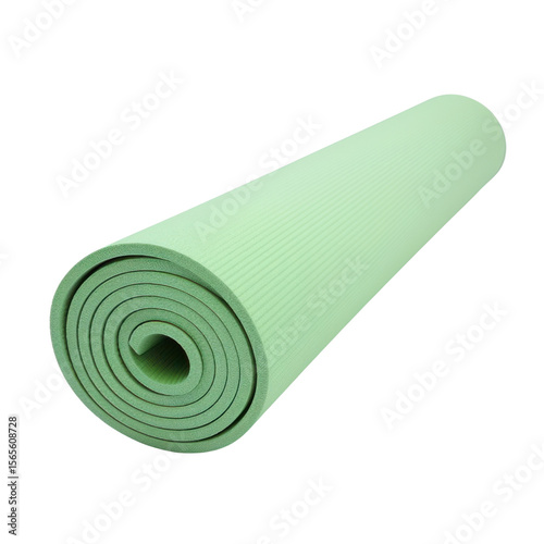Rolled green yoga mat isolated on transparent background, foam fitness mat cutout for workout and training
